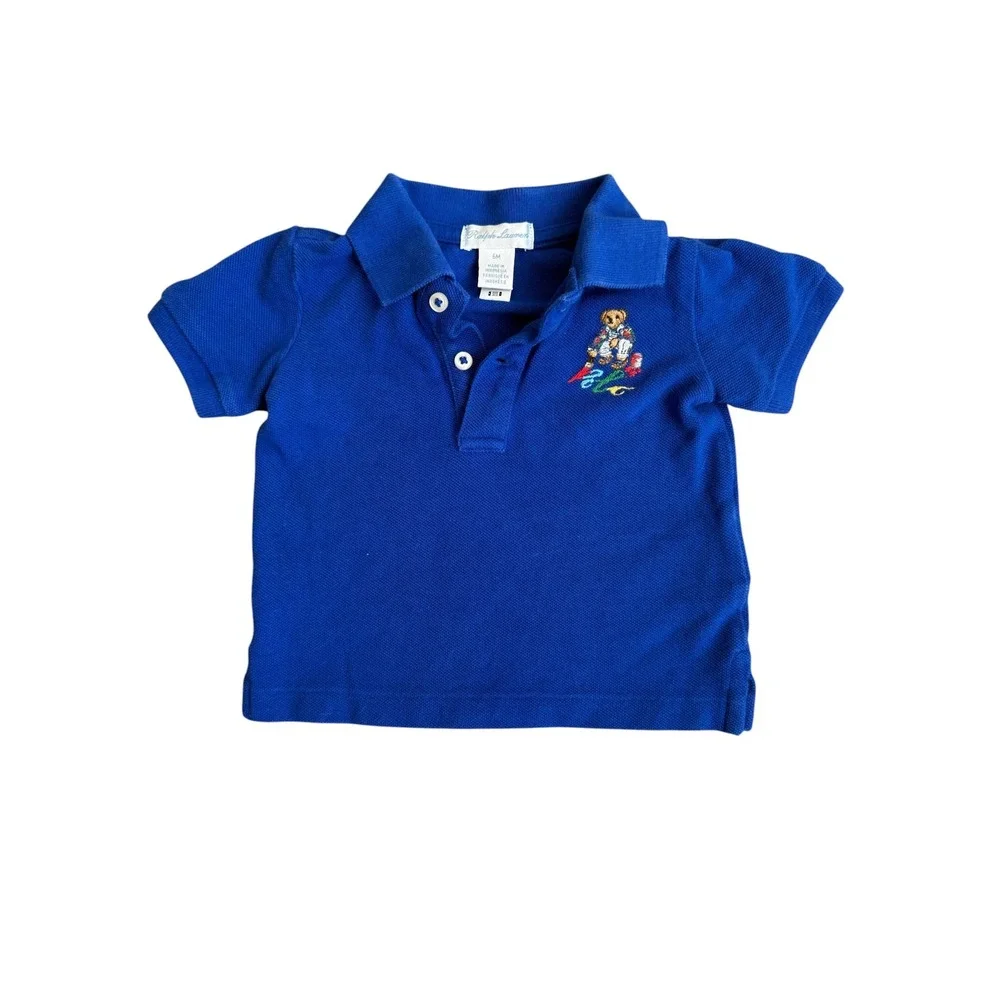 Vintage Ralph Lauren Polo Bear Shirt Royal Blue Short Sleeve 6M Kids